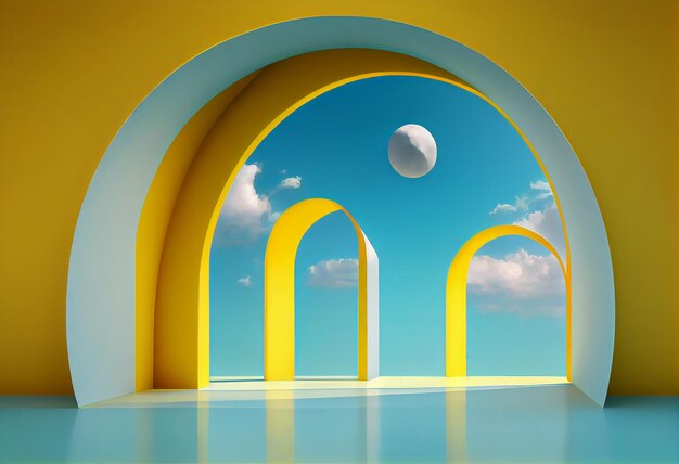 A d render of an abstract background with blue sky inside the arch windows on the yellow wall