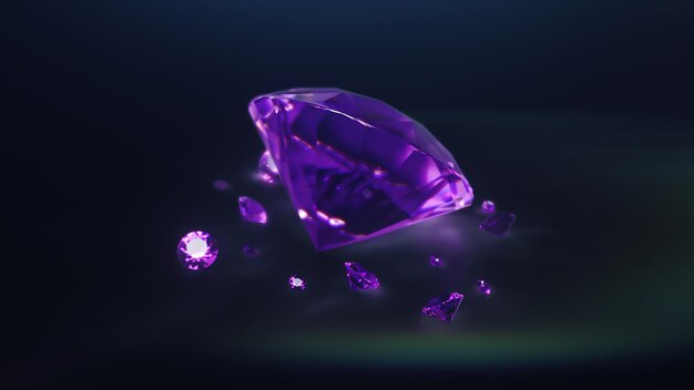 Foto d render animatie van paarse diamanten op een zwarte achtergrond