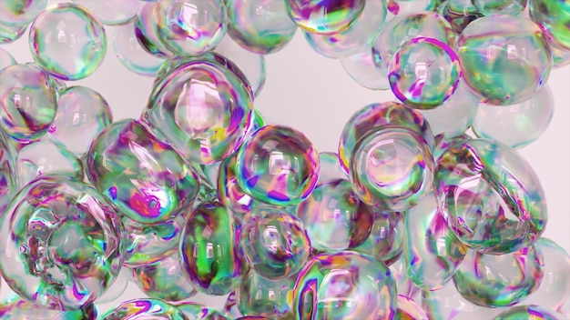 D render animation with liquid rainbow transparent bubbles explosion and flying on light background