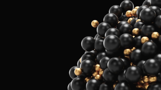 Photo d render black and gold geometric balls hit each other with a magnet in a pile in the form of a ball