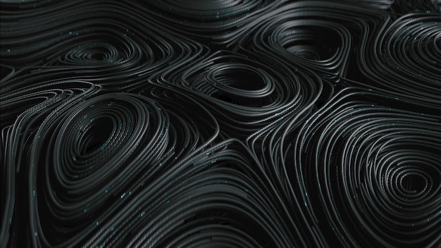 d render black topographic circular lines with running matrix code