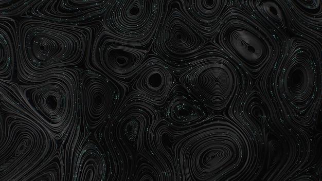 Photo d render black topographic circular lines with running matrix code