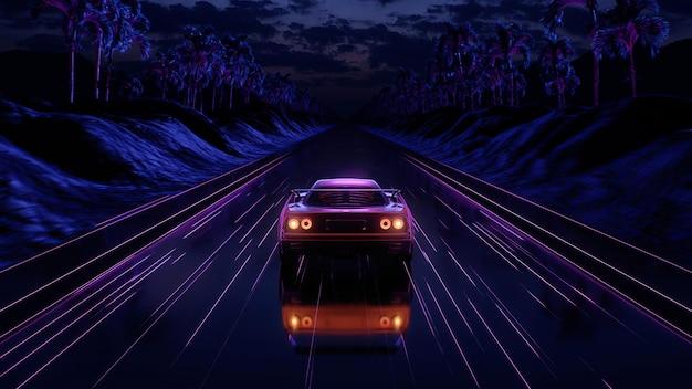 Foto d render auto e sfondo in stile neon retro wave s