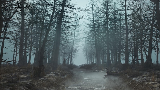 D render of a daytime scary forest with fog