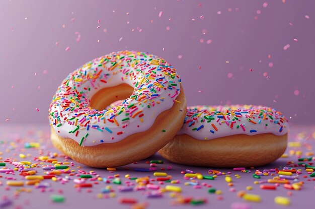 d render of donuts with sprinkles on a purple background