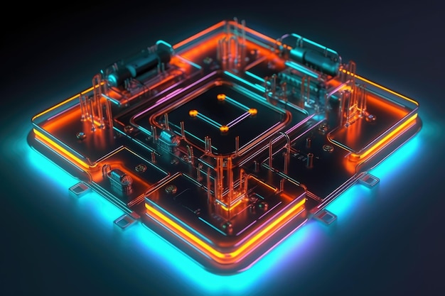 D render of glowing neon circuit board design created with generative ai