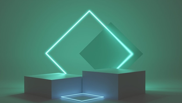 D render groen platform met neon glanzende en transparante glazen ringen geometrische vormen samenstelling w