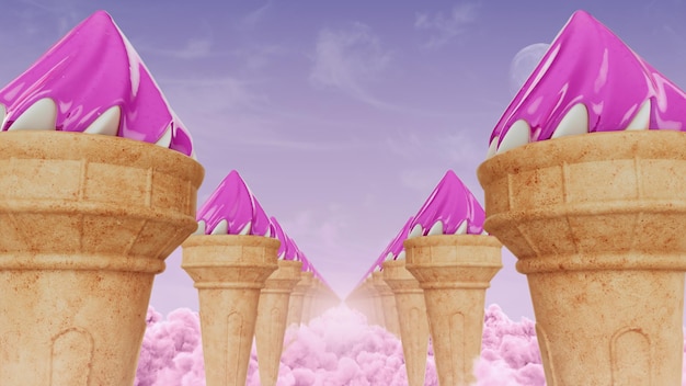 D render of ice cream corridor on pink clouds