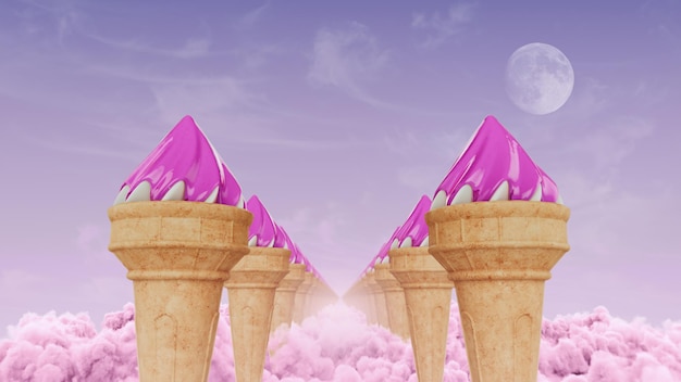 D render of ice cream corridor on pink clouds