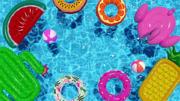 D render inflatable circles ball mattress floating in the pool in summer top view