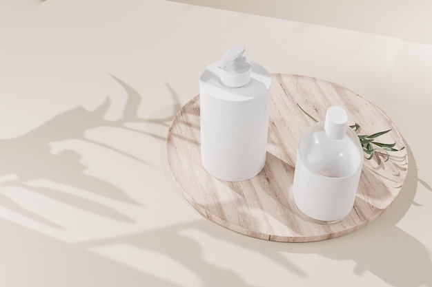 D render mock up a set of aroma spa products container on a natural wooden plate