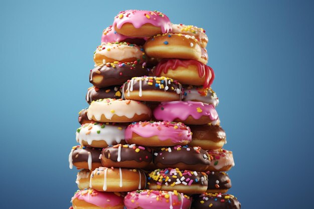 Photo d render of multicolored donuts arranged on stack