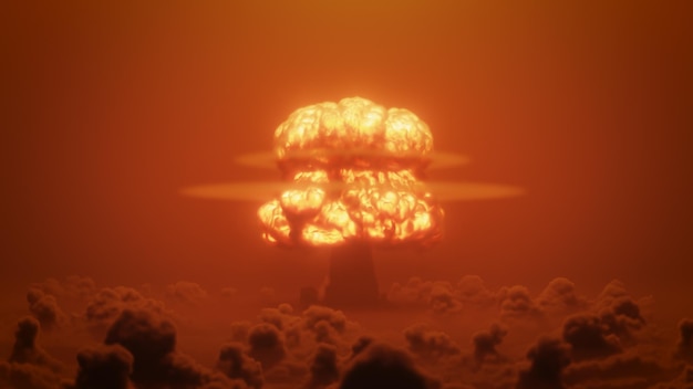 D render nuclear explosion above the clouds