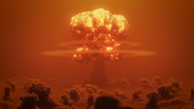 D render nuclear explosion above the clouds
