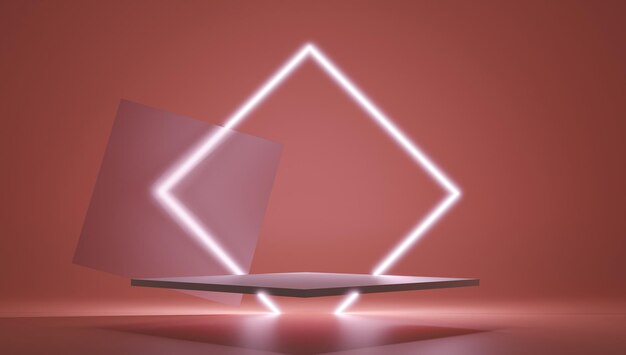 D render red platform with neon shining and transparent glass rings geometric shapes composition wit