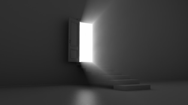 D render shine of an open door with steps in a dark room