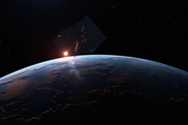 D render of solar sail satellite orbiting a distant planet