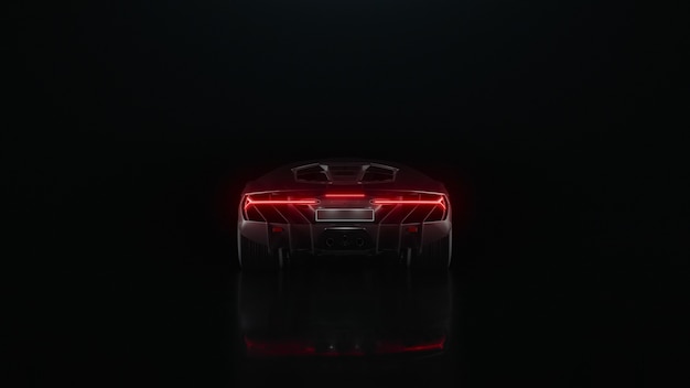 D render sports car drives off into the distance on a black background