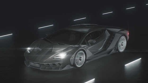 d render a sports car drives at speed on a road with neon lights