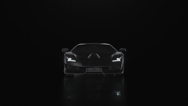 d render sports car with lights goes to the camera on a black background