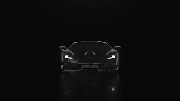 D render sports car with lights goes to the camera on a black background