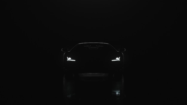 Photo d render sports car with lights goes to the camera on a black background