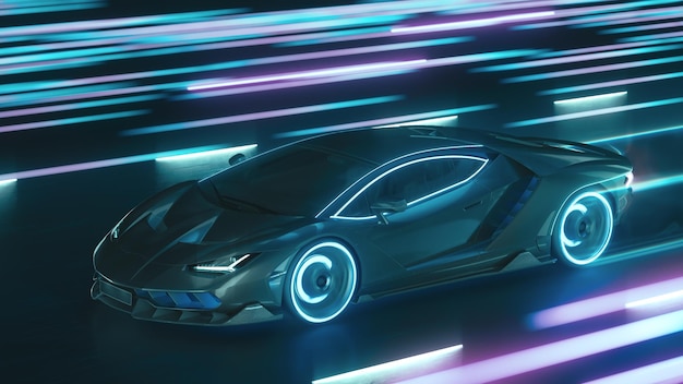 D render sports cyber neon car rushes along the night road with neon lights at high speed