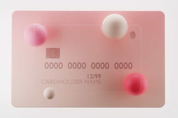 D render van transparante glazen creditcard op roze achtergrond