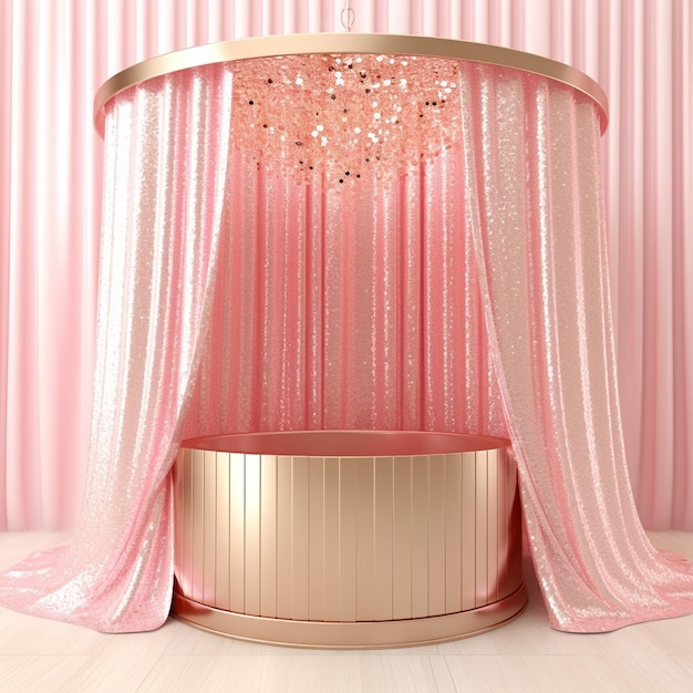 Foto d rendered luxe roze goud podium vitrine en wit gordijn d
