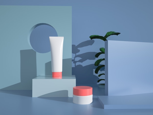 Photo d rendering of abstract geometric shape background with beauty cream on top of the pedestal for a display mockup