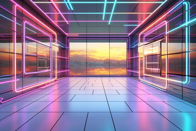 Photo d rendering abstract room interior with neon lights