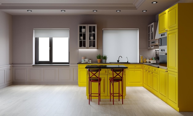 D rendering bright yellow kitchen design cozy kitchen with
island and bar stools yellow doors in the