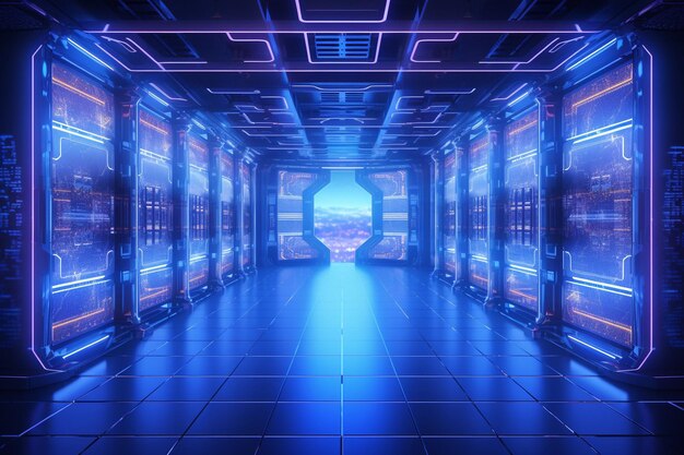 d rendering of a dark modern server room data center in the storage center