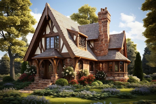 d rendering of an elegant wooden house with brick chimney