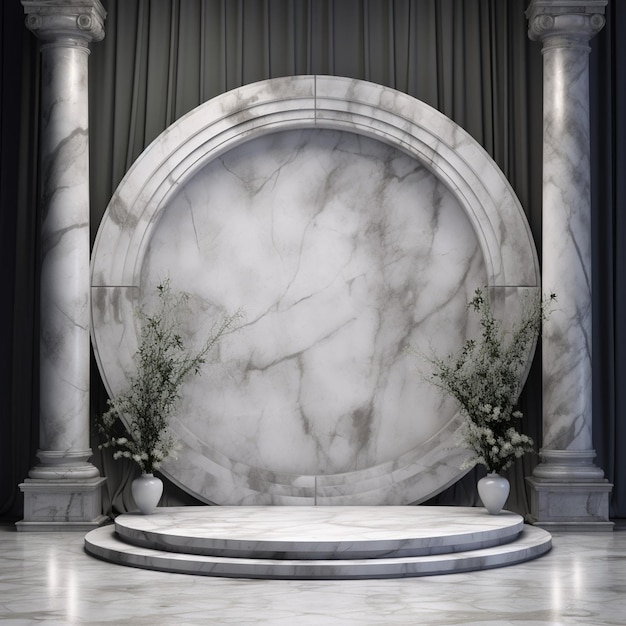 Photo d rendering of empty round marble and gold podium for product display