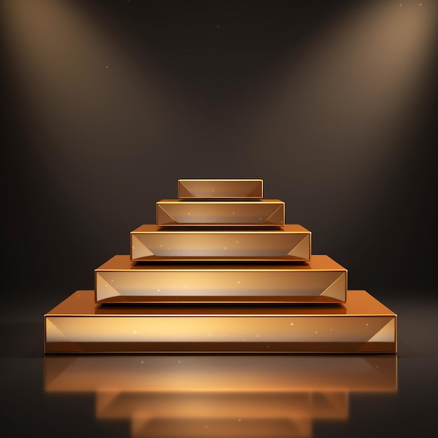 Photo d rendering of a golden podium with a glowing light on a marble floor