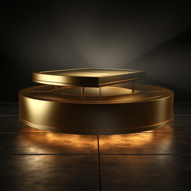 Photo d rendering of a golden podium with a glowing light on a marble floor