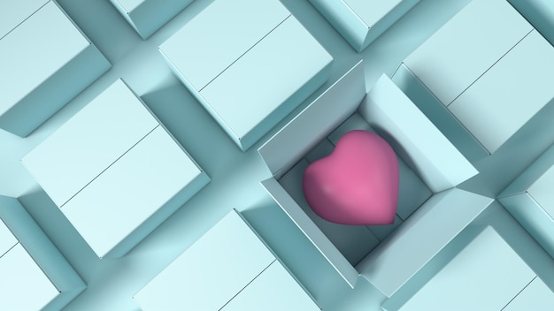 D rendering of a heart in a box many boxes and one open