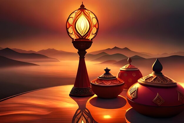 D rendering indian lamp for diwali celebration on soft background ethereal colorful particle effects