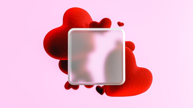 D rendering of matte square against red hearts