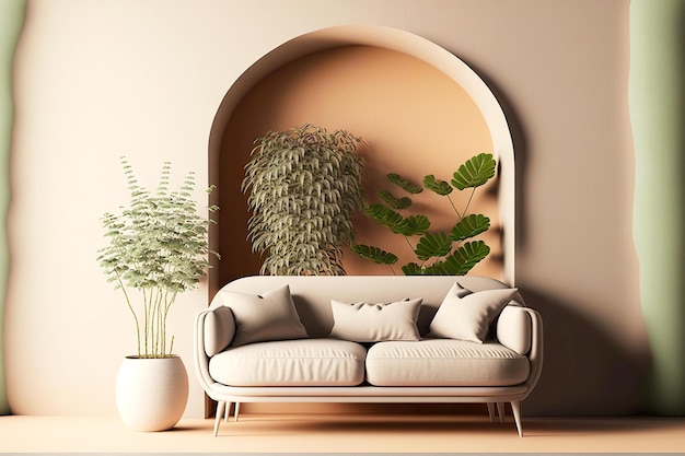 D rendering minimal room in delicate beige tones with soft sofa and green plant generative ai