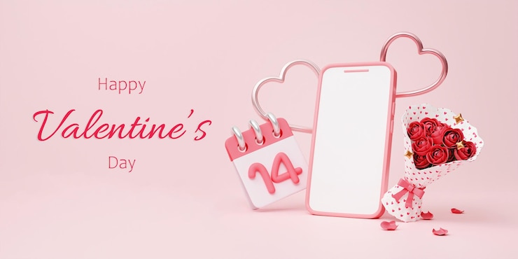 Photo d rendering mobile phone mockup with hearts for valentines day background design empty generic