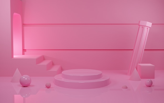 D rendering di una scena del podio rosa pastello per la presentazione di prodotti con tunel chiaro