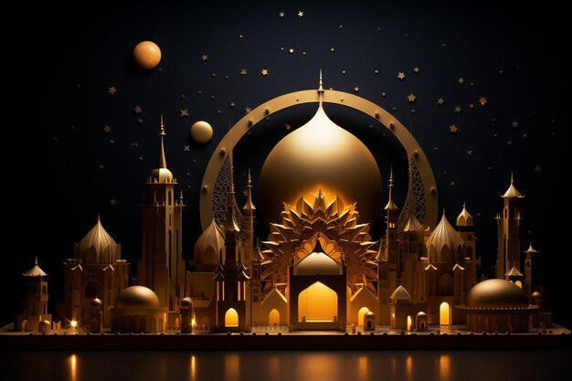 d rendering of ramadan kareem with crescent moon and lights