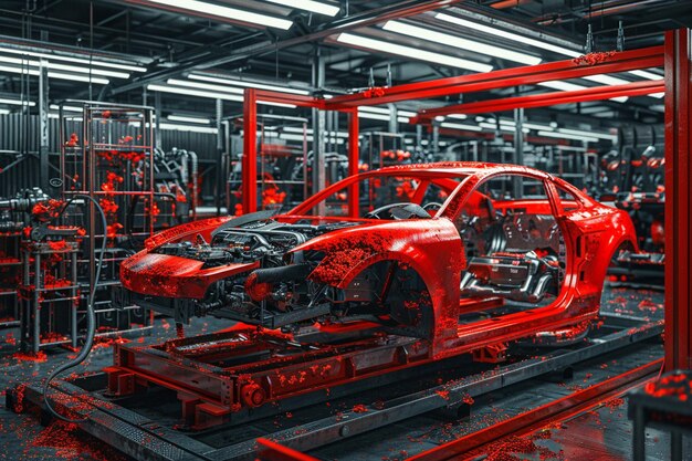 Foto d linea di assemblaggio di robot in una fabbrica di automobili