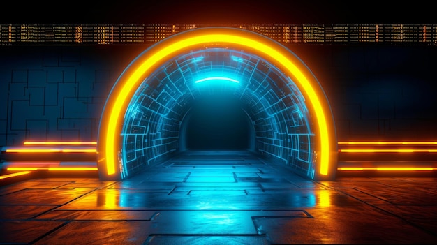 Photo d rendering of scifi neon lamps casting glowing illumination in a dark corridor with reflective