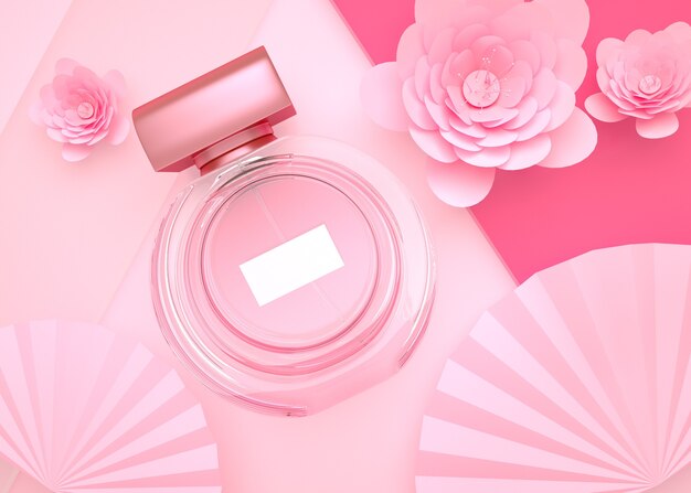 d Rendering of transparent perfume bottle with geometric shape background for display mockup