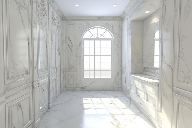 d rendering witte luxe badkamer bij raam