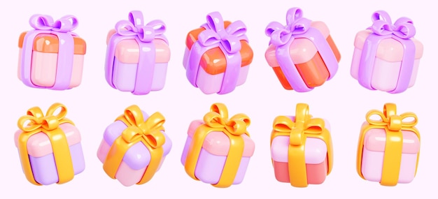 D set gesloten geschenkkistjes met gouden en paarse lintbogen geïsoleerde kleurpakketten op wit