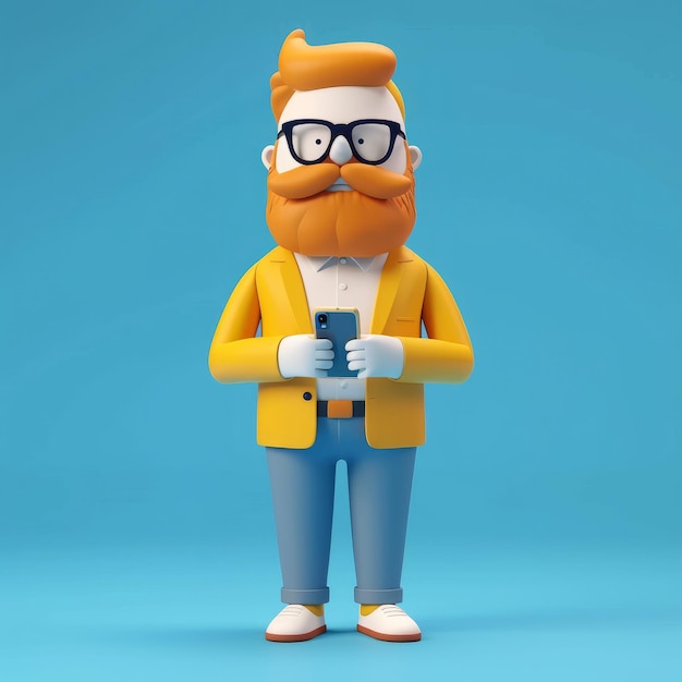 D-stijl schattig cartoon personage van een trendy zakenman met een mobiele telefoon